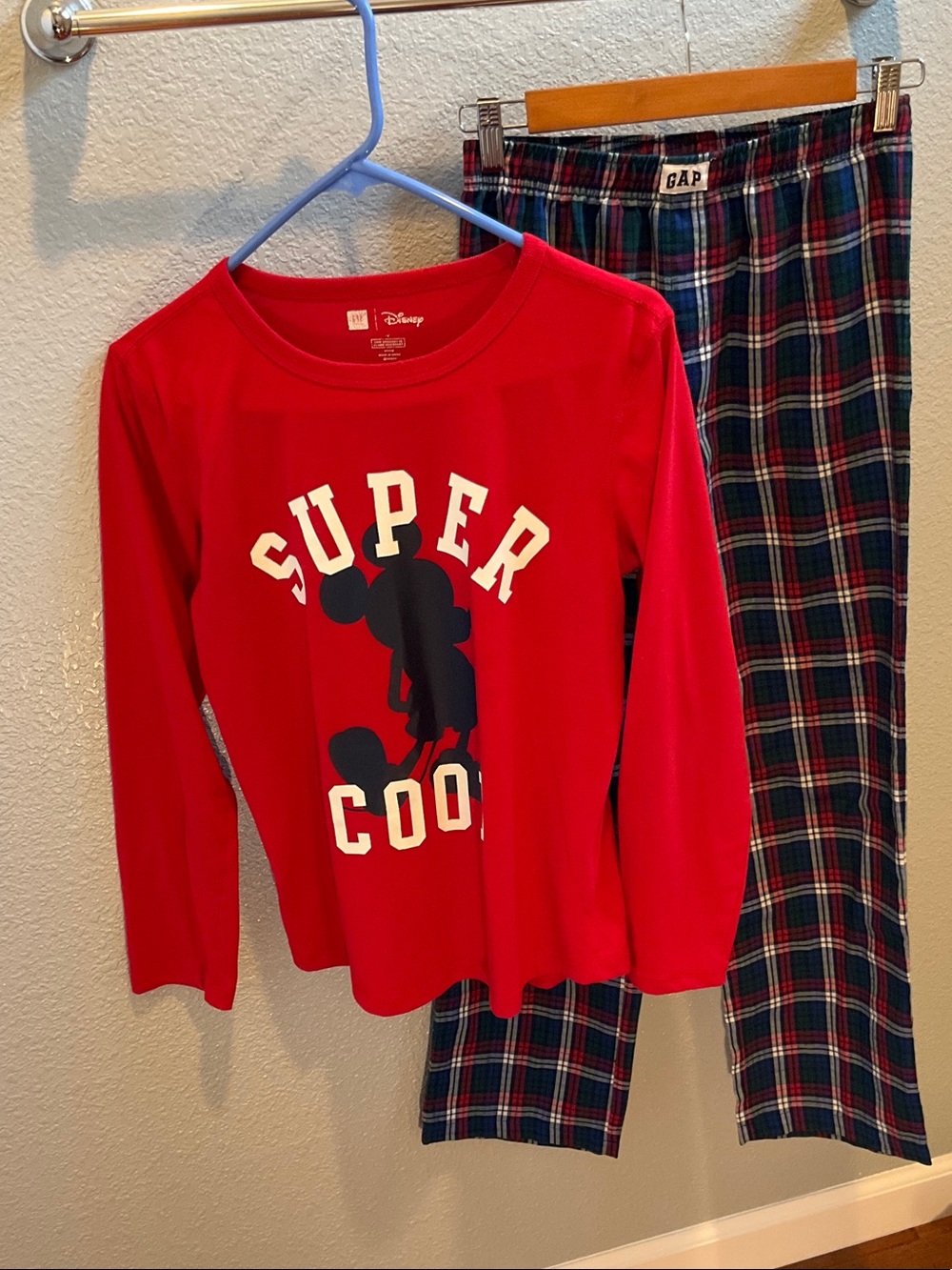 Disney Red 'Super Cool' Mickey Pajama Set with Navy Plaid Pants